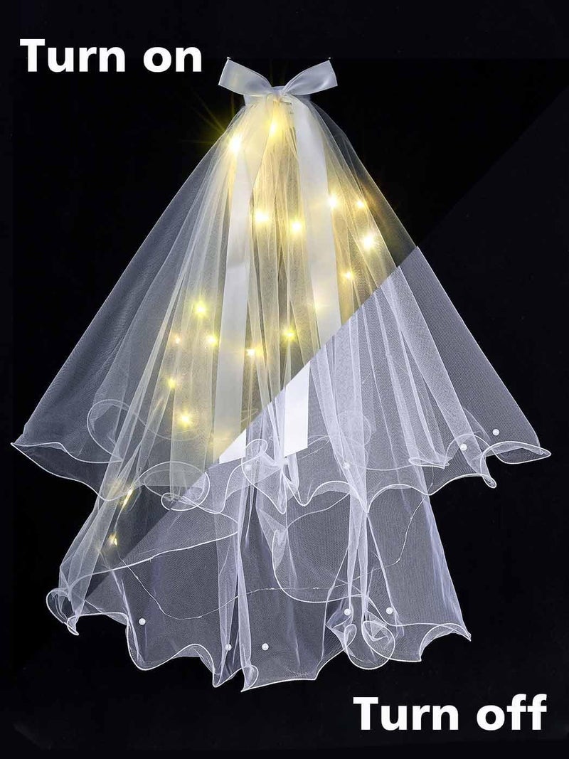 Foyte Light Up Wedding Bridal Veil 2 Tiers Bride Pearl Veils LED Bachelorette Bridal Hair Bow Short Tulle Hair Accessories - Image 3
